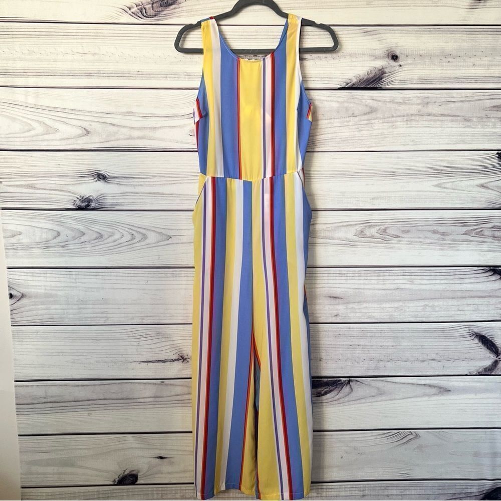 Lush Yellow & Periwinkle Striped Wide Leg Open Back Jumpsuit